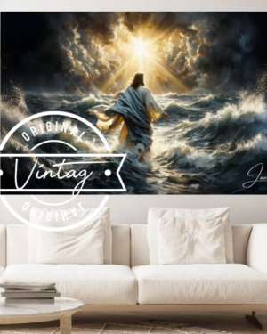 cuadro pintado de Jesus caminando sobre aguas turbulentas de espaldas y con una luz radiante en el cielo