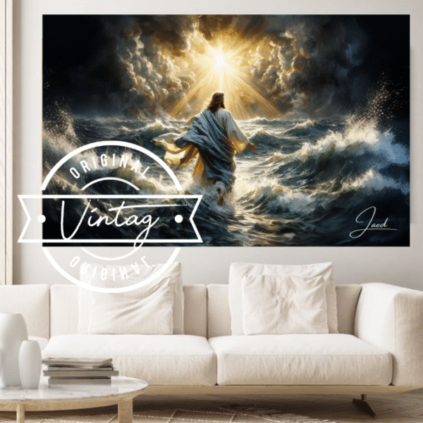 cuadro pintado de Jesus caminando sobre aguas turbulentas de espaldas y con una luz radiante en el cielo