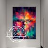 cuadro de jesus crucificado en la cruz cuerpo completo en tonos coloridos, estilo contemporaneo