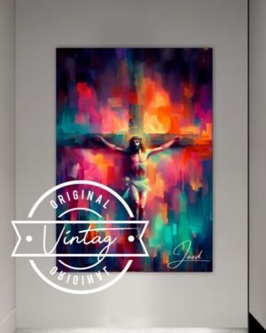 cuadro de jesus crucificado en la cruz cuerpo completo en tonos coloridos, estilo contemporaneo