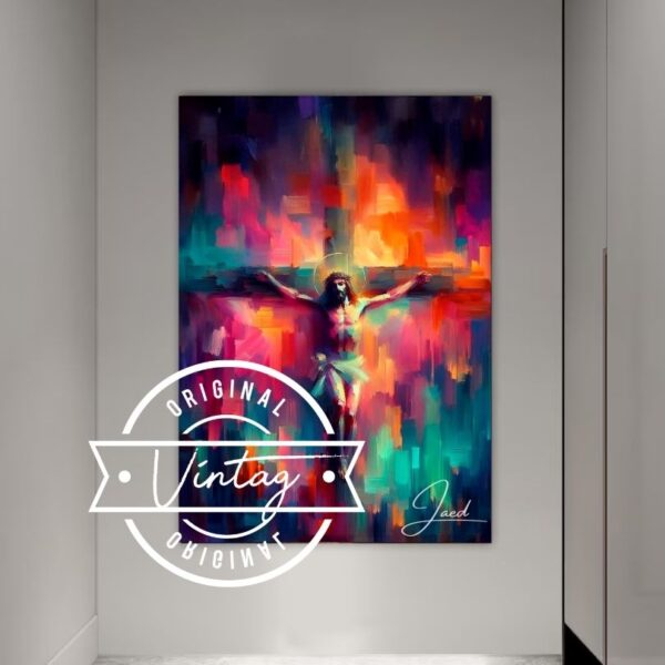 cuadro de jesus crucificado en la cruz cuerpo completo en tonos coloridos, estilo contemporaneo