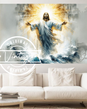 cuadro pintado de jesus en las aguas con los brazos alzados añl cielo y con aureola resplandeciente dorada