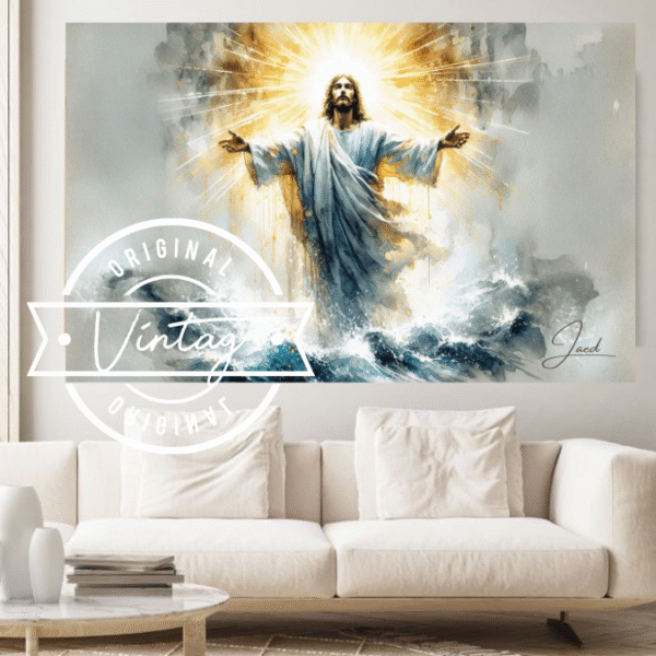 cuadro pintado de jesus en las aguas con los brazos alzados añl cielo y con aureola resplandeciente dorada