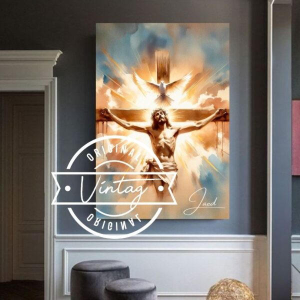 cuadro de jesus en la cruz con el espiritu santo sobre su cabeza en tono dorado y azul