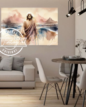 cuadro pintado de jesus caminando sobre las aguas estilo acuarela en tonos claros