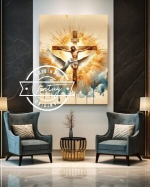 cuadro de jesus en la cruz con el espiritu santo en tono dorado y azul
