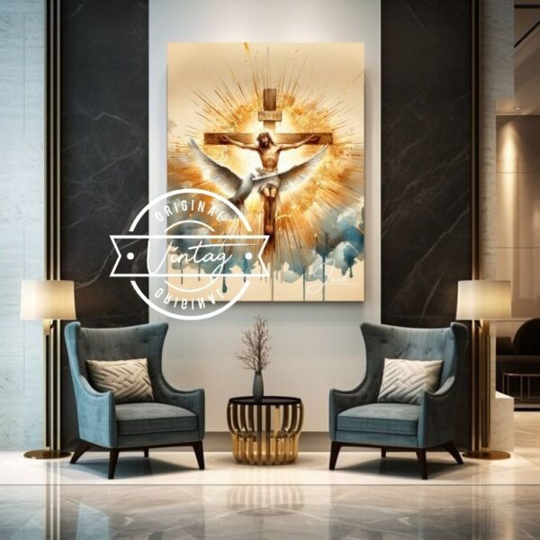 cuadro de jesus en la cruz con el espiritu santo en tono dorado y azul