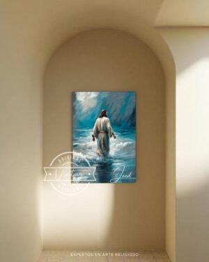 cuadro de jesus caminando sobre el mar en tonos azules estilo pinceladas