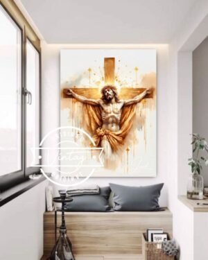 cuadro de jesus crucificado de medio cuerpo de frente en colores dorados brillantes
