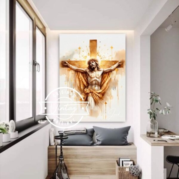 7 (1) cuadro de jesus crucificado de medio cuerpo de frente en colores dorados brillantes