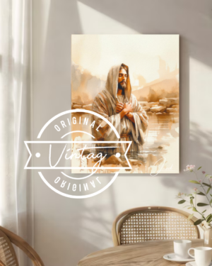 Cuadro de jesus en las aguas estilo acuarela en tonos café y dorado