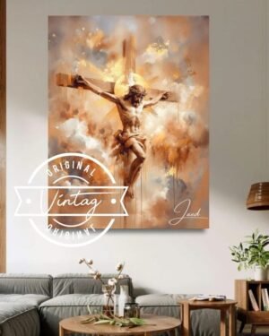 obra de jesus crucificado en la cruz cuerpo completo en tonos cobre y dorado, cuadro religiosos estilo acuarela