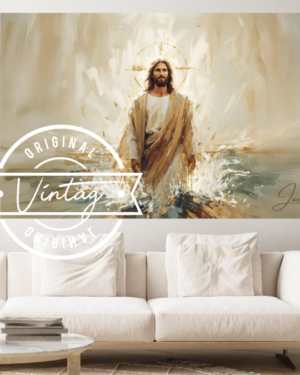 Cuadro pintado a mano de jesus en las aguas cuerpo completo en tonos beige y blancos estilo pinceladas