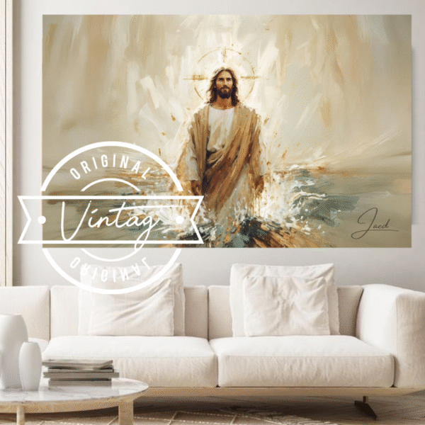 9 (3) Cuadro pintado a mano de jesus en las aguas cuerpo completo en tonos beige y blancos estilo pinceladas