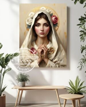 cuadro virgen de la rosa mistica mirando de frente, cuadro moderno en colores dorados, cuadro religioso de la virgen de la rosa mistica