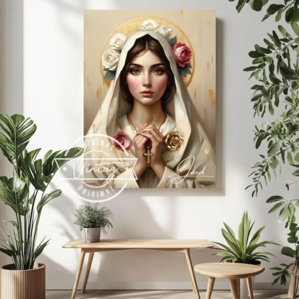 cuadro virgen de la rosa mistica mirando de frente, cuadro moderno en colores dorados, cuadro religioso de la virgen de la rosa mistica
