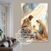 cuadro de la sagrada familia nacimiento del niño Jesús en tonos claros estilo acuarela