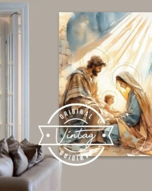 cuadro de la sagrada familia nacimiento del niño Jesús en tonos claros estilo acuarela