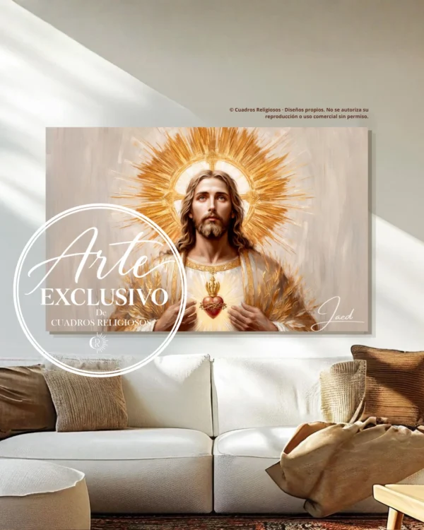 Cuadro del Sagrado Corazón de Jesús «En ti confío» en formato horizontal, colgado en una sala