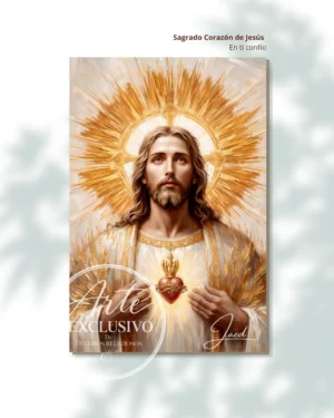 Cuadro del Sagrado Corazón de Jesús «En ti confío» con resplandor dorado, obra exclusiva de Cuadros Religiosos
