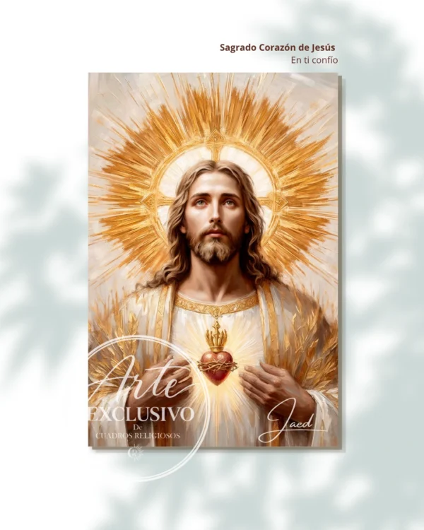 Cuadro del Sagrado Corazón de Jesús «En ti confío» con resplandor dorado, obra exclusiva de Cuadros Religiosos
