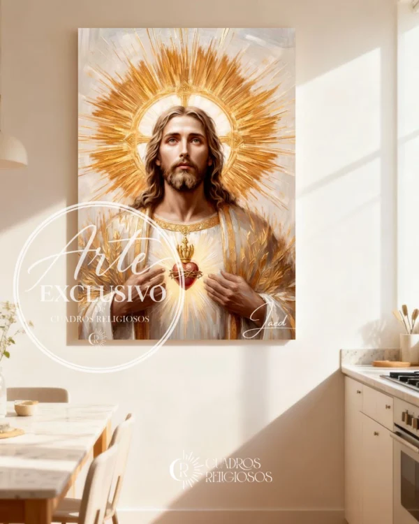 Cuadro del Sagrado Corazón de Jesús «En ti confío» en formato vertical, colgado en una sala