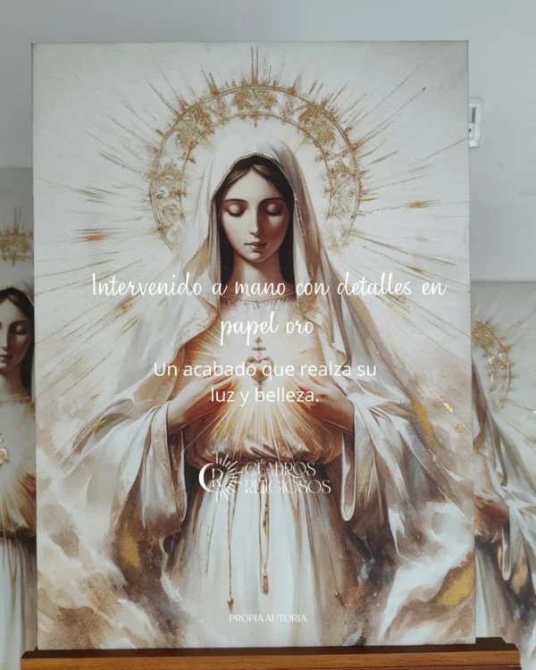 virgen-de-fatima-abrazo-de-luz-detalle-01 Cuadro moderno de la Virgen de Fátima — Abrazo de luz