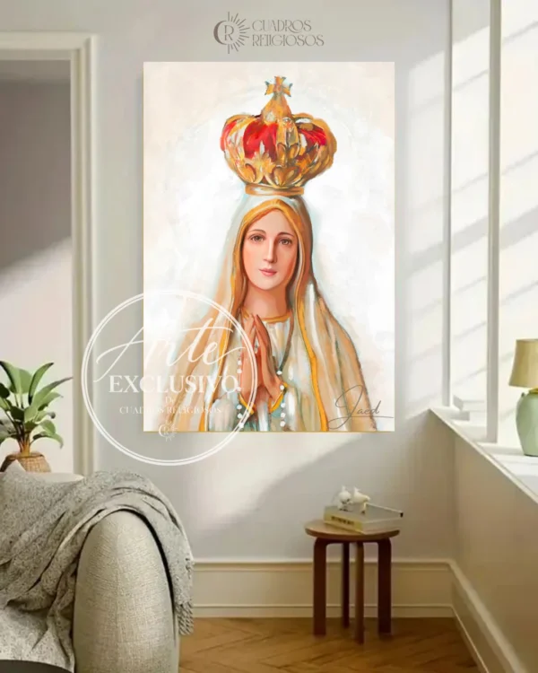 virgen-de-fatima-mirada-de-consuelo-vertical Cuadro de la Virgen de Fátima para sala — Mirada de consuelo